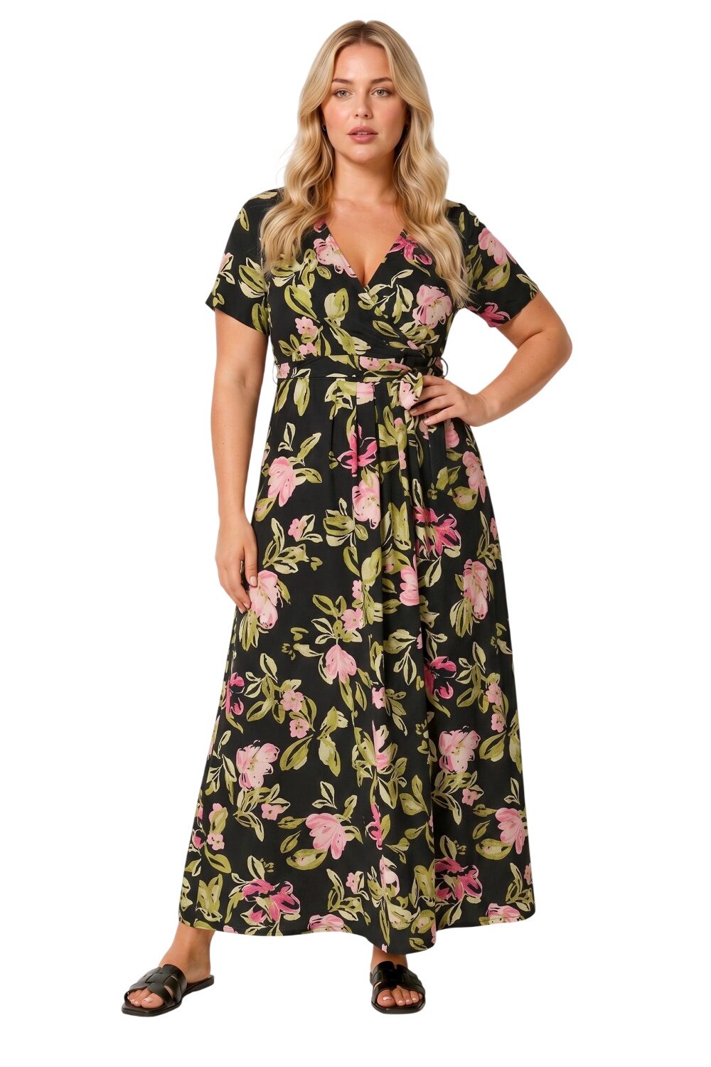 Gürtel-V-Ausschnitt Maxikleid