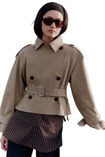 Kurzer Trenchcoat mit Gürtel, Khaki