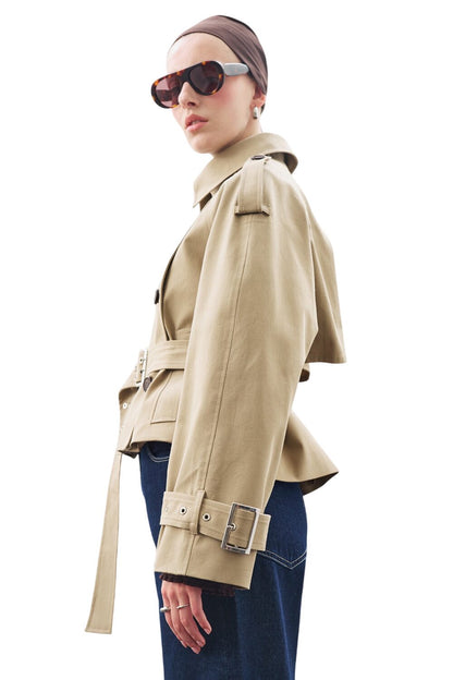 Kurzer Trenchcoat mit Gürtel, Khaki