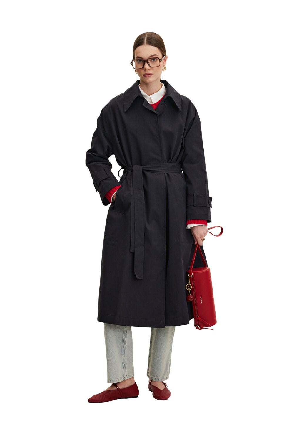 Schwarzer, übergroßer Trenchcoat aus Gabardine mit Gürtel