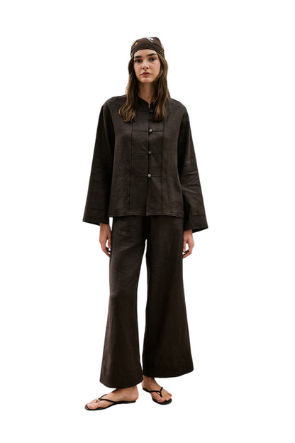 Leinenhose mit Bindebändern, schwarz