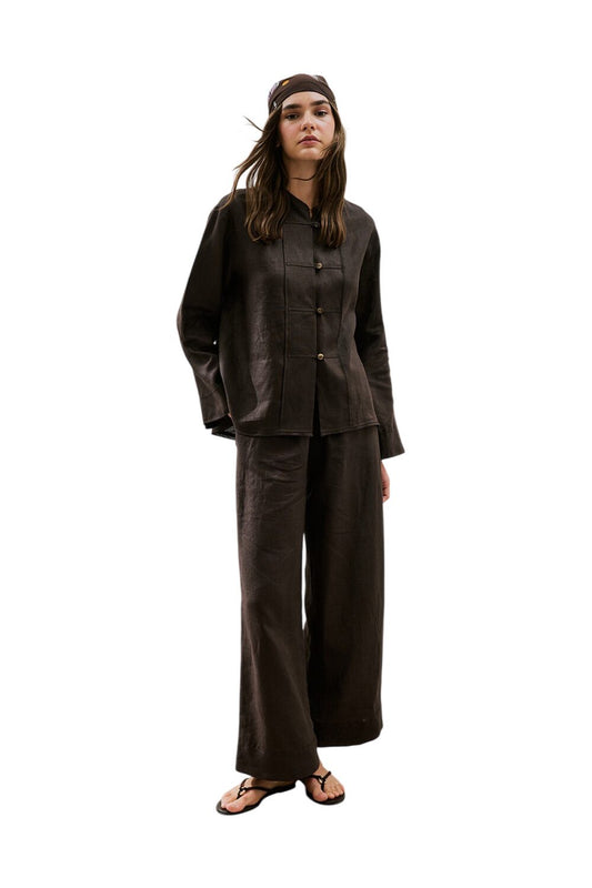 Leinenhose mit Bindebändern, schwarz