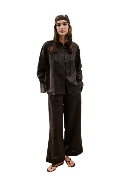 Leinenhose mit Bindebändern, schwarz