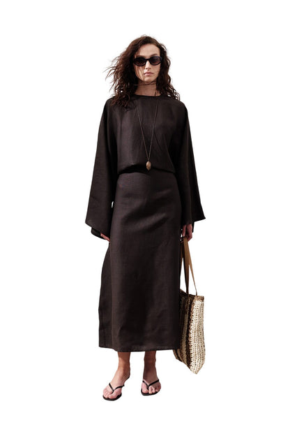 Leinenkleid mit breitem Bindeband, schwarz