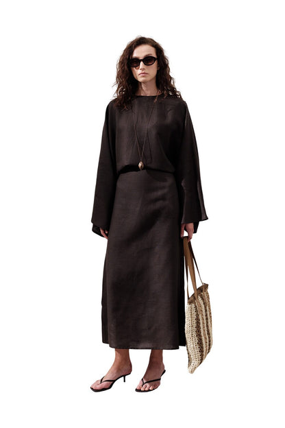 Leinenkleid mit breitem Bindeband, schwarz