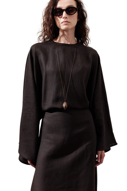 Leinenkleid mit breitem Bindeband, schwarz