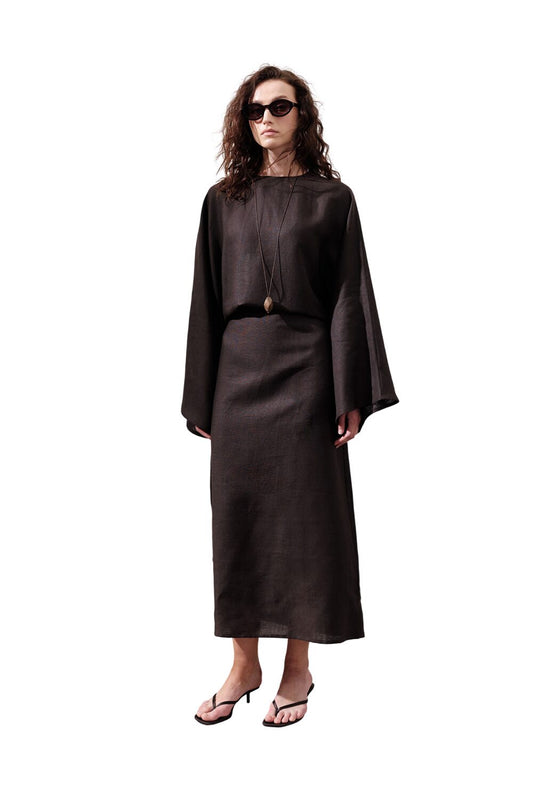 Leinenkleid mit breitem Bindeband, schwarz