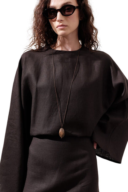 Leinenkleid mit breitem Bindeband, schwarz