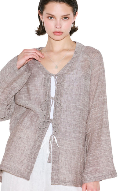 Bluse aus Leinenmischung zum Binden, braun
