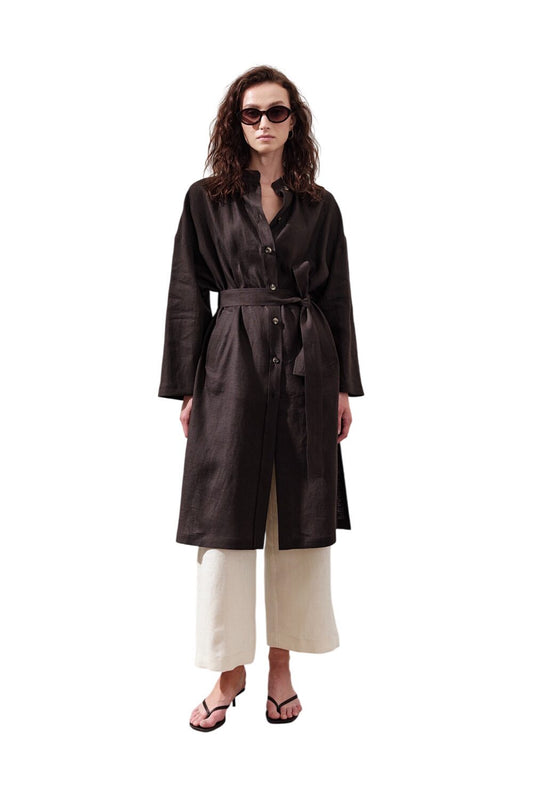 Lange Tunika mit Leinengürtel in Khaki