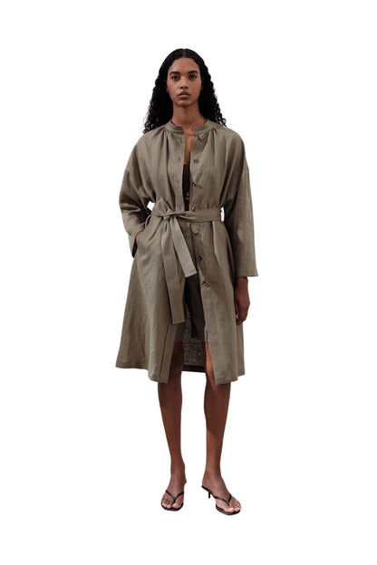 Lange Tunika mit Leinengürtel in Khaki