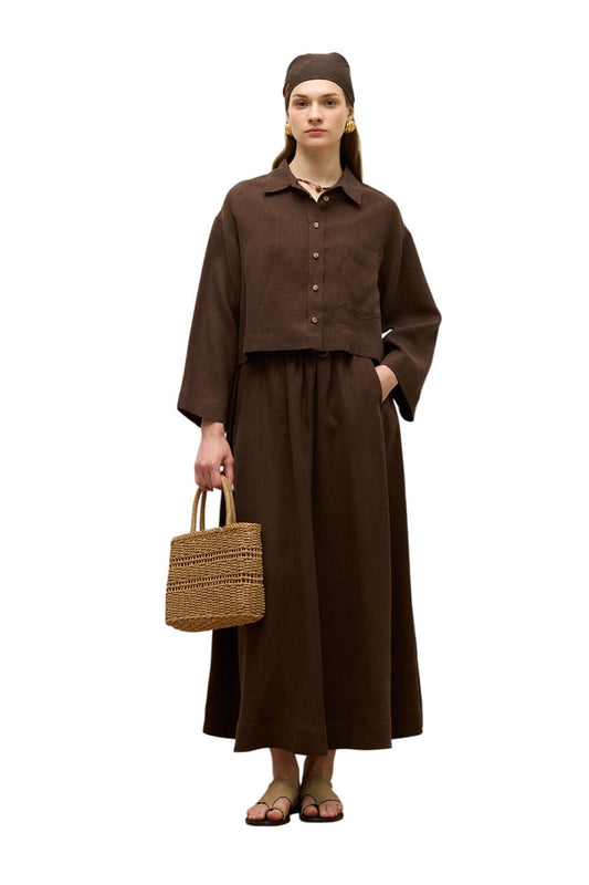 Schwarzes Leinen-Crop-Shirt mit langen Ärmeln