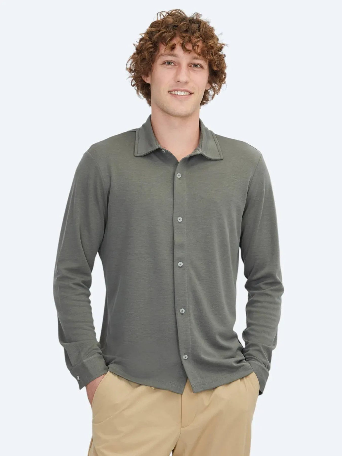Khaki Einfarbig Normale Passform Strick Freizeithemd