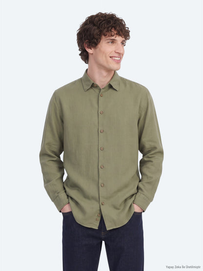 Khaki Regular Fit Weben Freizeithemd