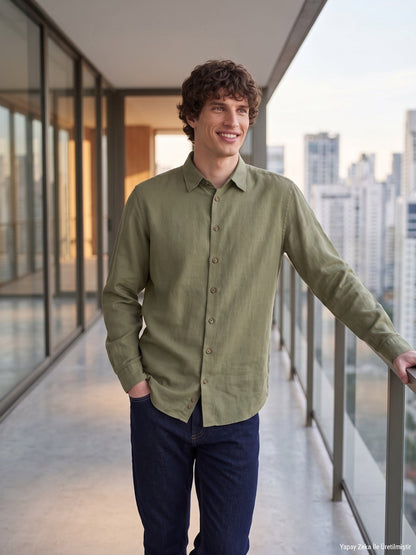 Khaki Regular Fit Weben Freizeithemd
