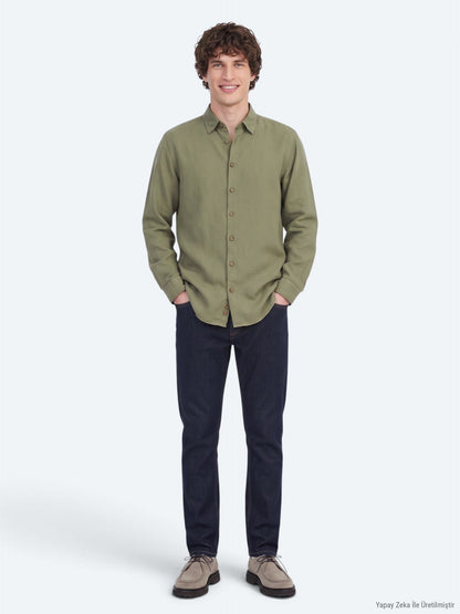 Khaki Regular Fit Weben Freizeithemd