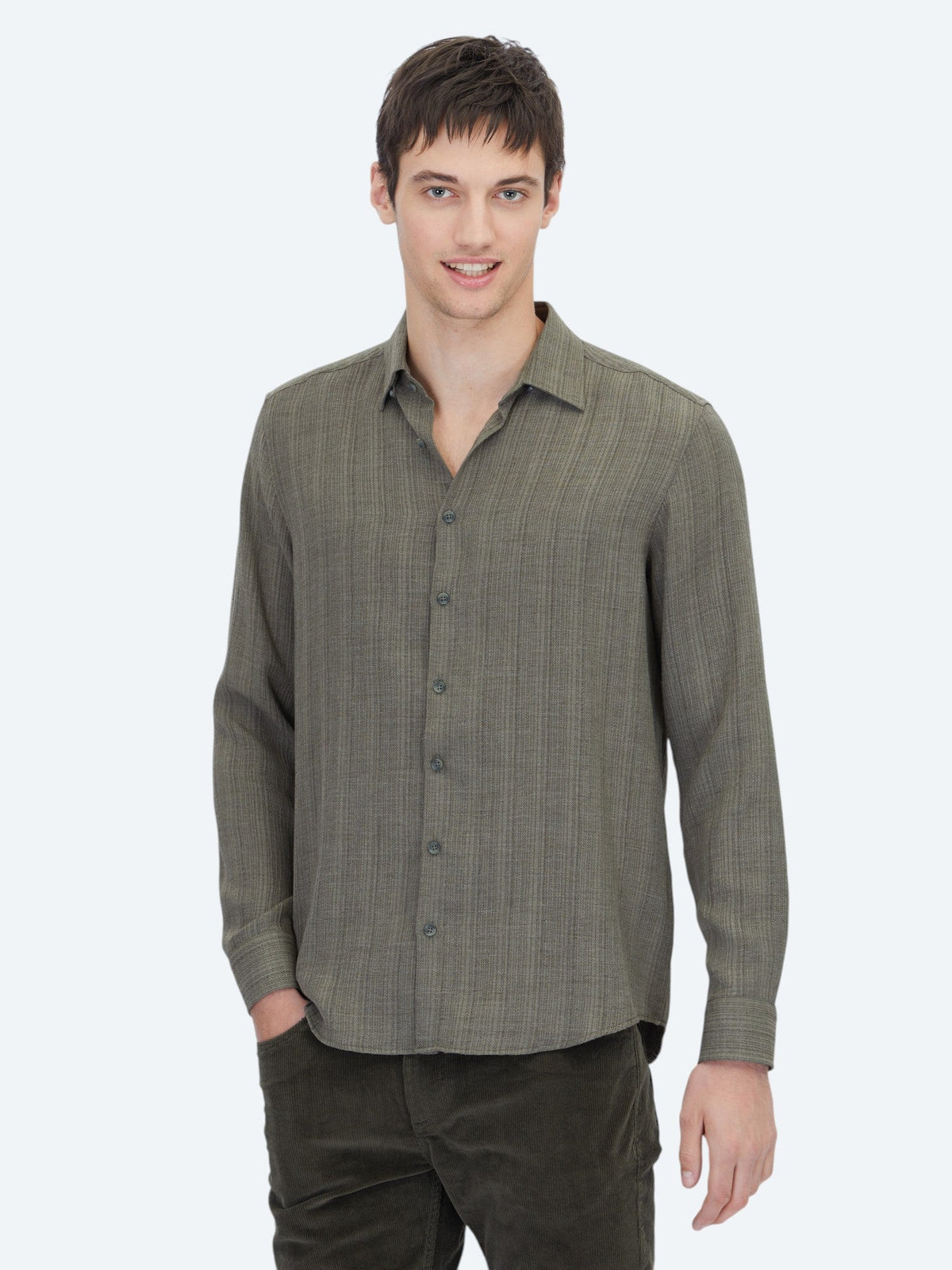 Khaki Gestreiftes Regular Fit Weben Freizeithemd