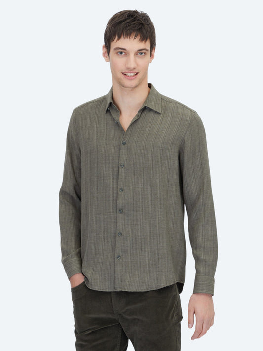 Khaki Gestreiftes Regular Fit Weben Freizeithemd