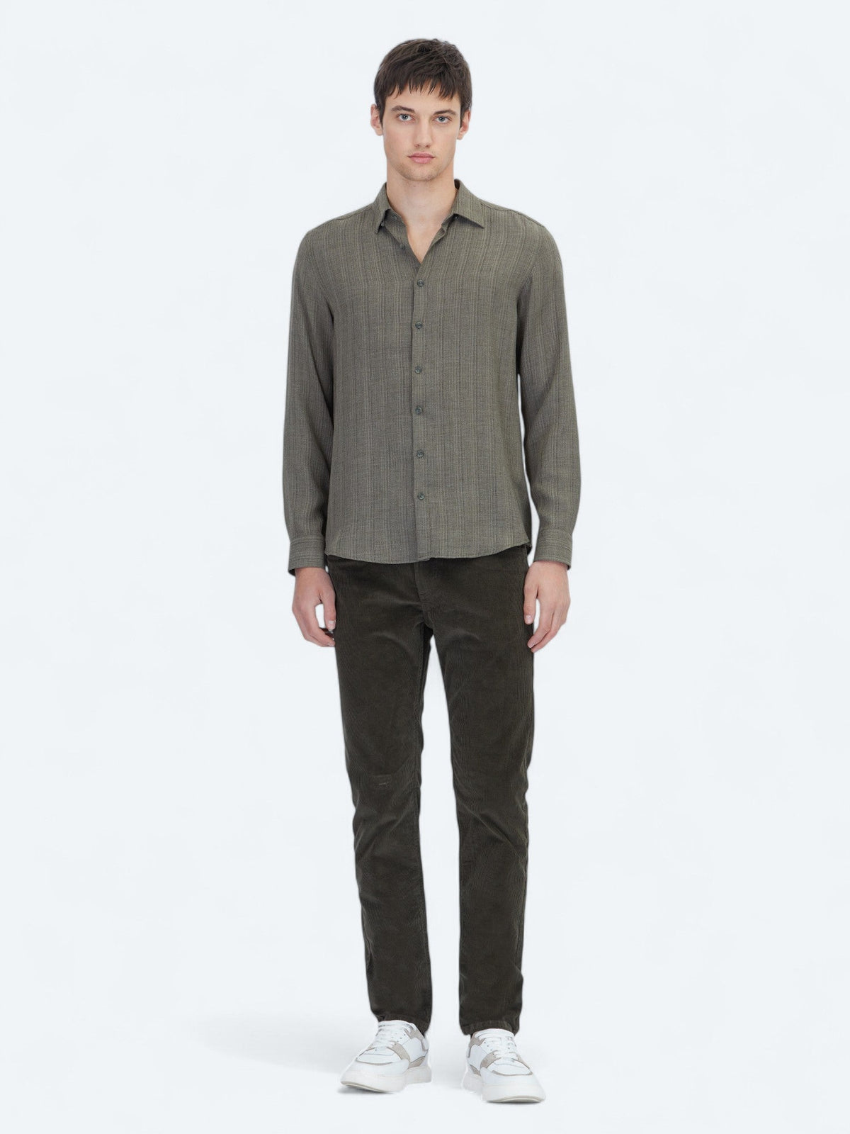 KİP Khaki Gestreiftes Regular Fit Weben Freizeithemd
