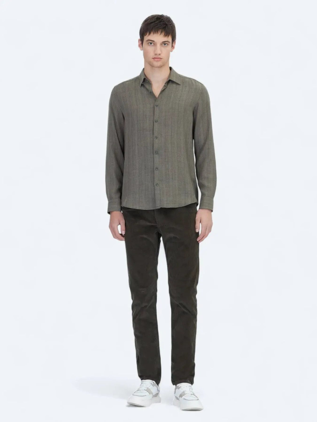 Khaki Gestreiftes Regular Fit Weben Freizeithemd