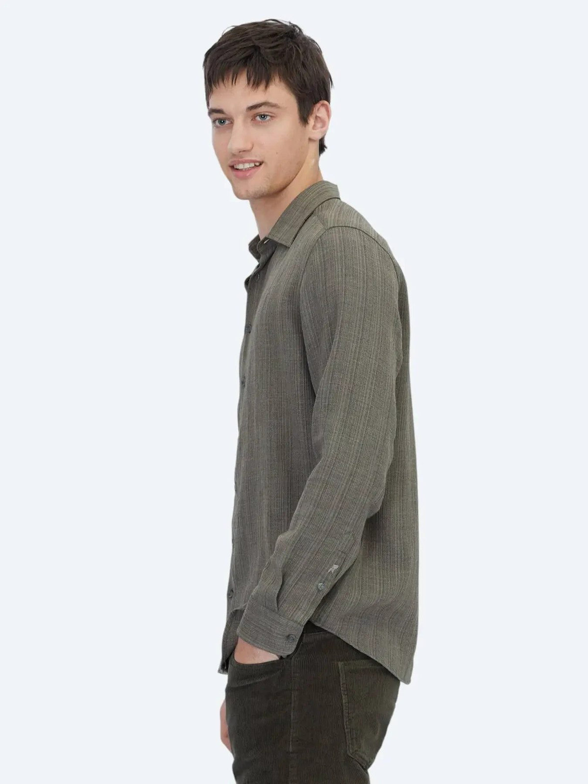 Khaki Gestreiftes Regular Fit Weben Freizeithemd