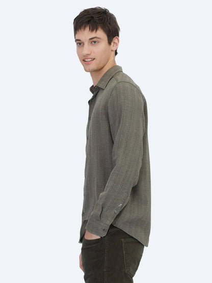 Khaki Gestreiftes Regular Fit Weben Freizeithemd