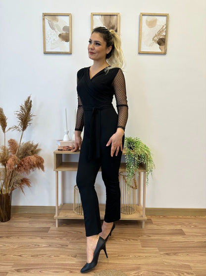 JANE'S Crepe Stoff Ärmel Tüll Punkt Detail Gürtel Jumpsuit 141 cm