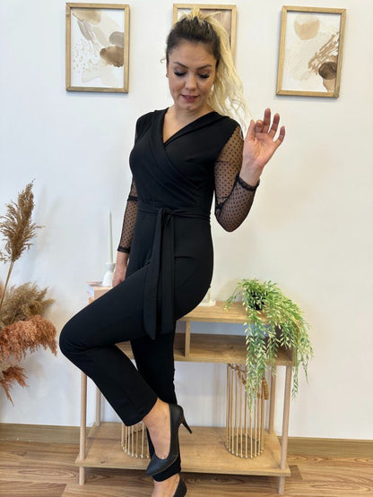 JANE'S Crepe Stoff Ärmel Tüll Punkt Detail Gürtel Jumpsuit 141 cm