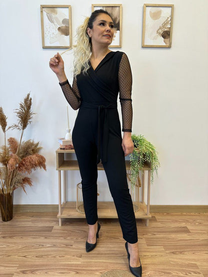 JANE'S Crepe Stoff Ärmel Tüll Punkt Detail Gürtel Jumpsuit 141 cm