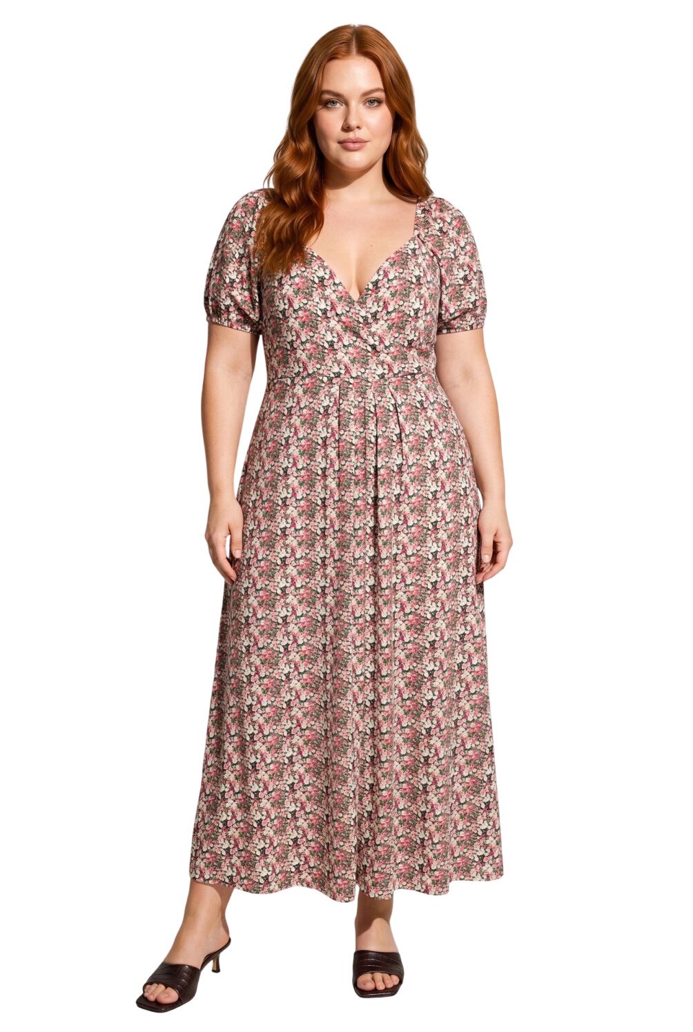 Wickelkragen Kurzarm Maxikleid