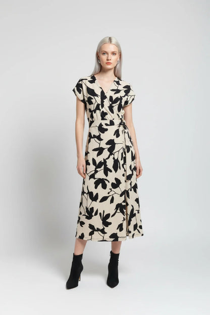 Wickelkragen Midi Kleid mit Blattmuster
