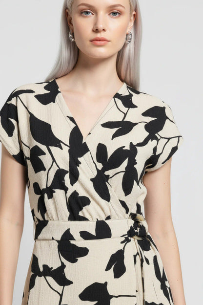 Wickelkragen Midi Kleid mit Blattmuster