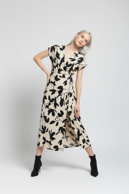 Wickelkragen Midi Kleid mit Blattmuster