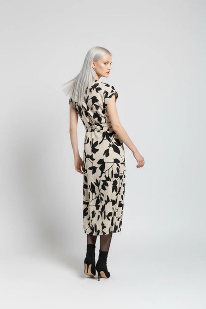 Wickelkragen Midi Kleid mit Blattmuster