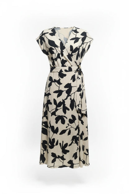 Wickelkragen Midi Kleid mit Blattmuster