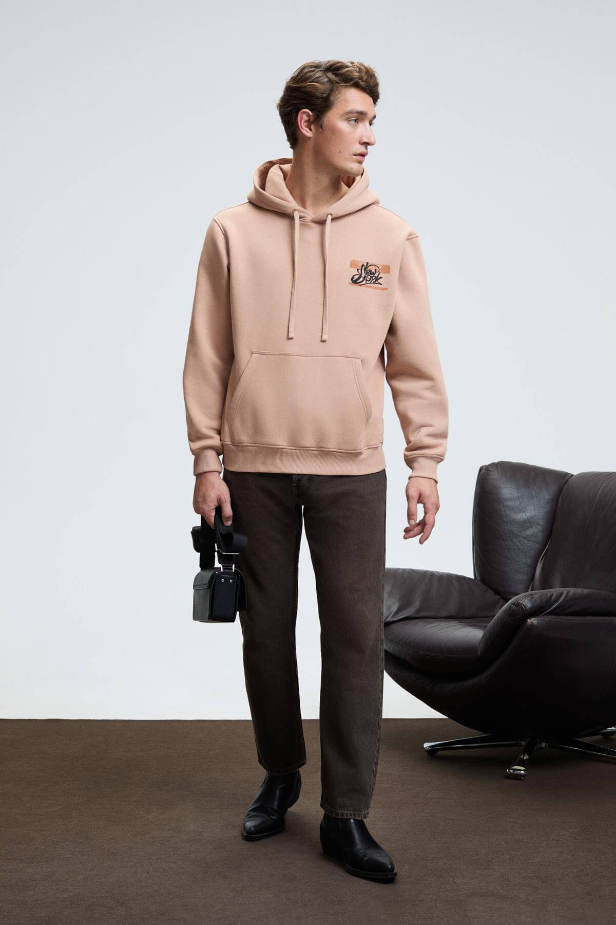 GRIMELANGE Herren Kapuzen-Sweatshirt Stickerei Taupe
