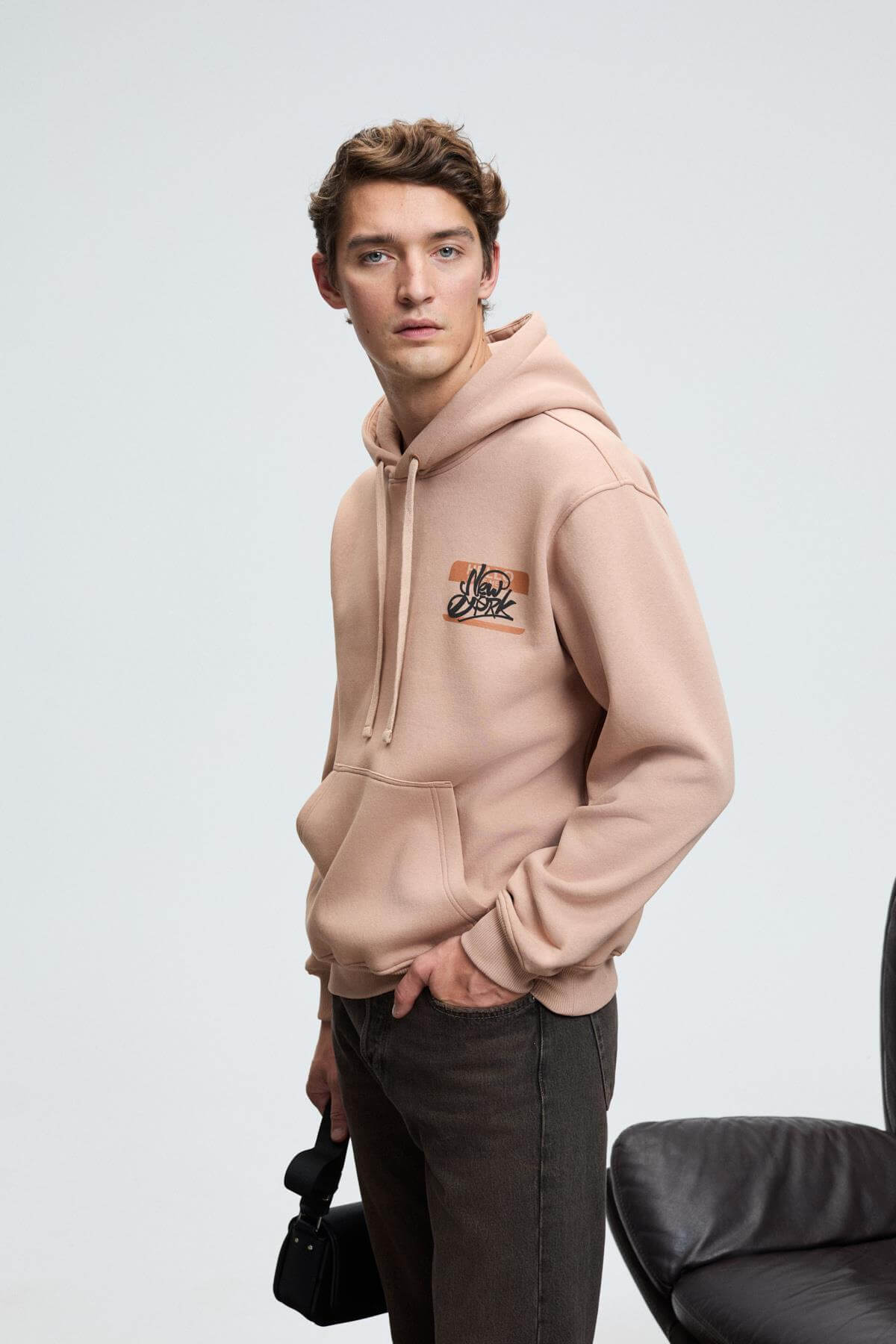 GRIMELANGE Herren Kapuzen-Sweatshirt Stickerei Taupe