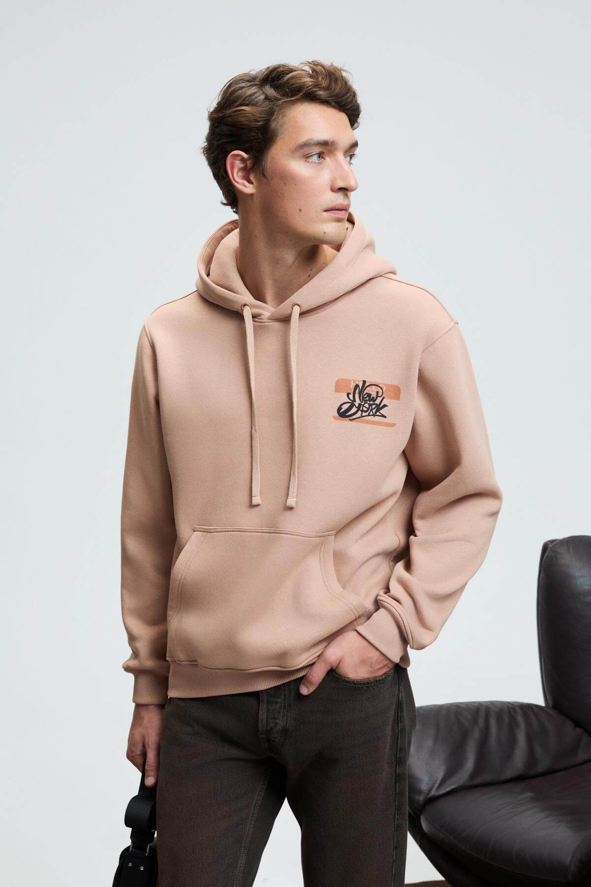 GRIMELANGE Herren Kapuzen-Sweatshirt Stickerei Taupe