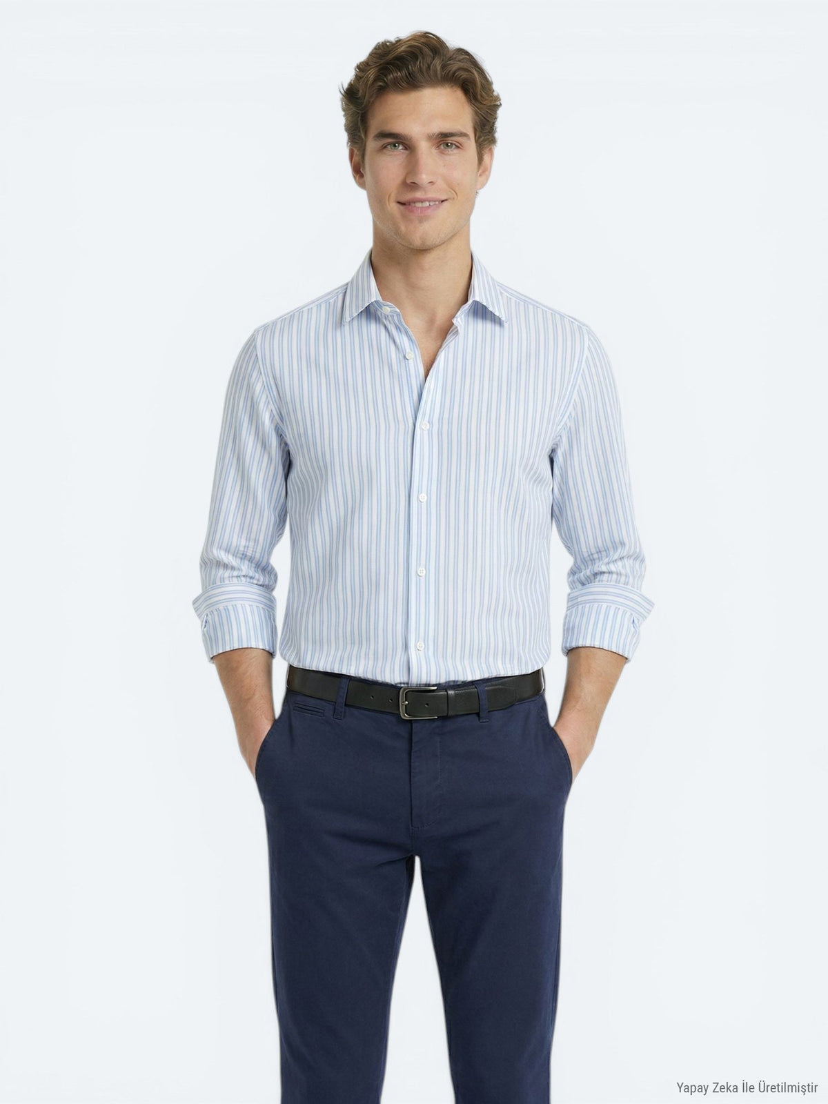 Hellblau Gestreiftes Freizeitshirt Regular Fit