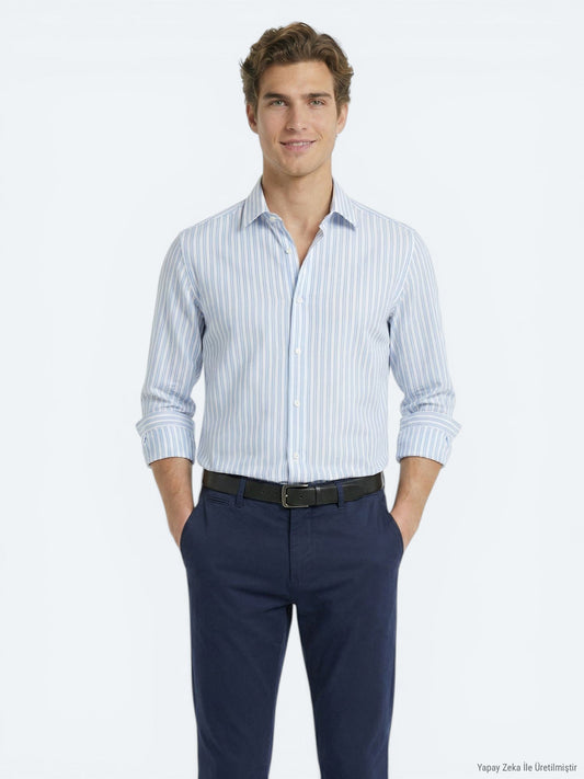 Hellblau Gestreiftes Freizeitshirt Regular Fit