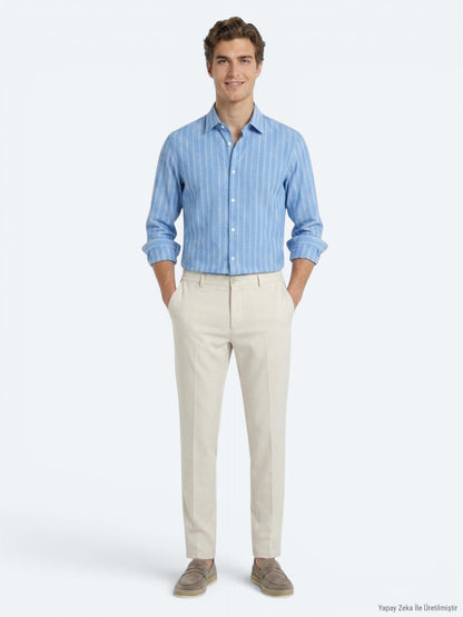 Hellblau Gestreiftes Regular Fit Hemd 100% Baumwolle