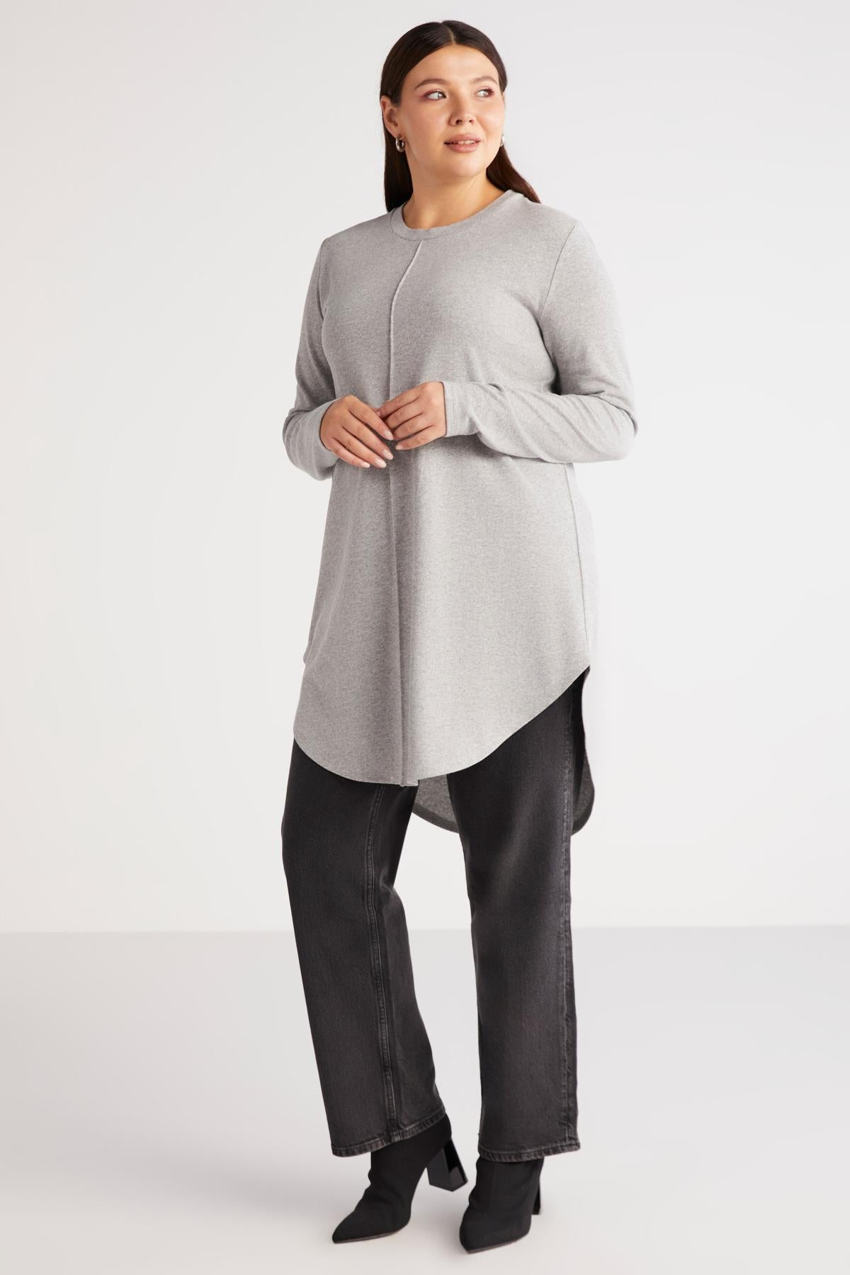 ETHIQUET Damen Plus Size Asymmetrische Rippbluse Graue Melange