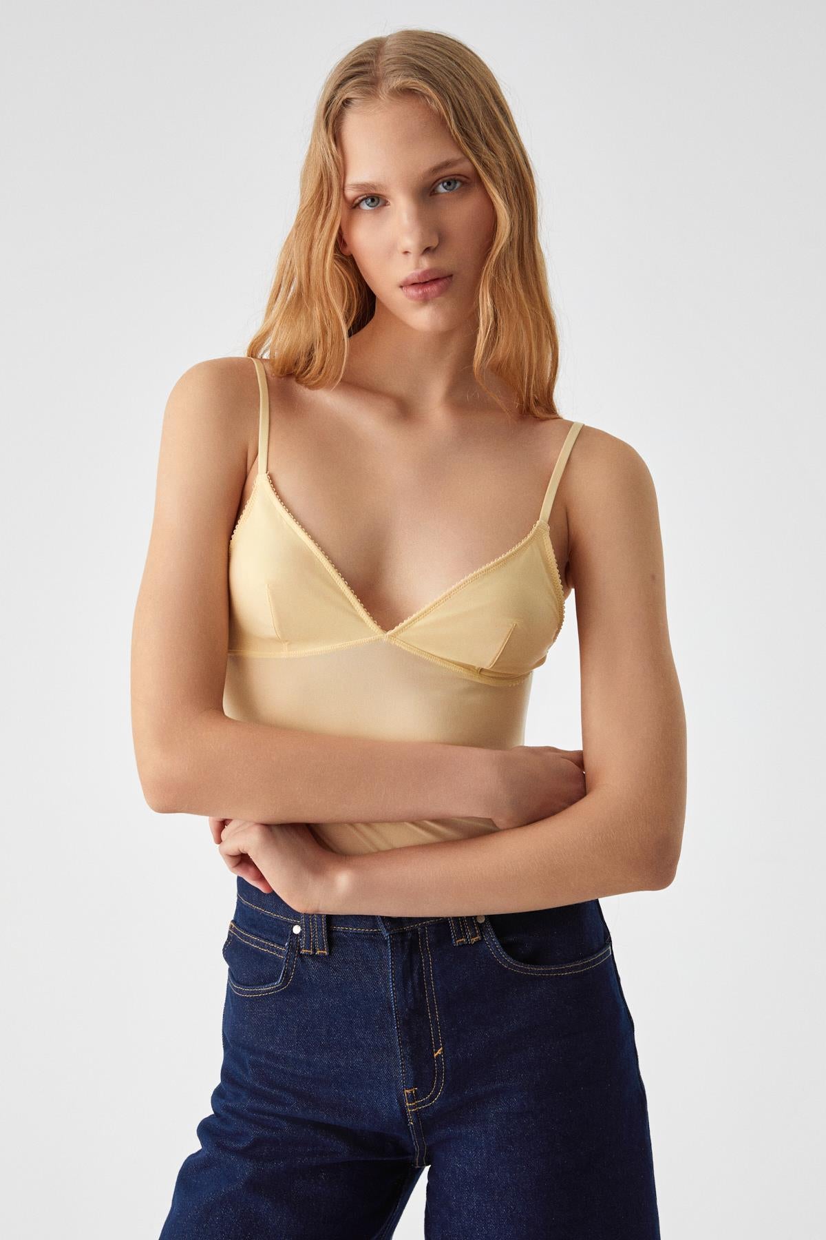 ETHIQUET LILLEAN Damen Wickelbluse mit Tüll Gelb