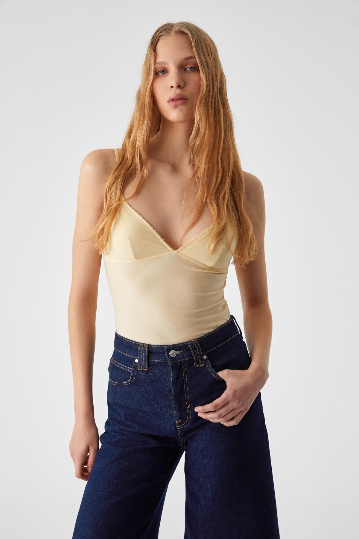 ETHIQUET LILLEAN Damen Wickelbluse mit Tüll Gelb