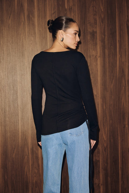 MAEVIA Damen Bluse mit Seitenraffung