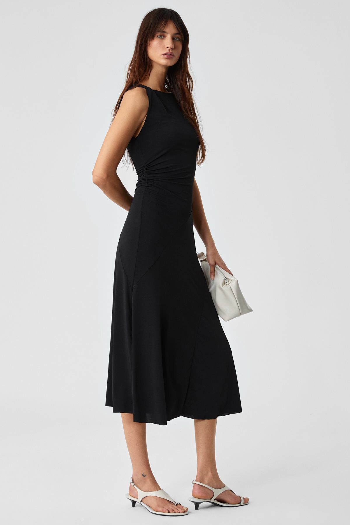 ETHIQUET MALMORIS Damen Slim Zip Langes Kleid Schwarz