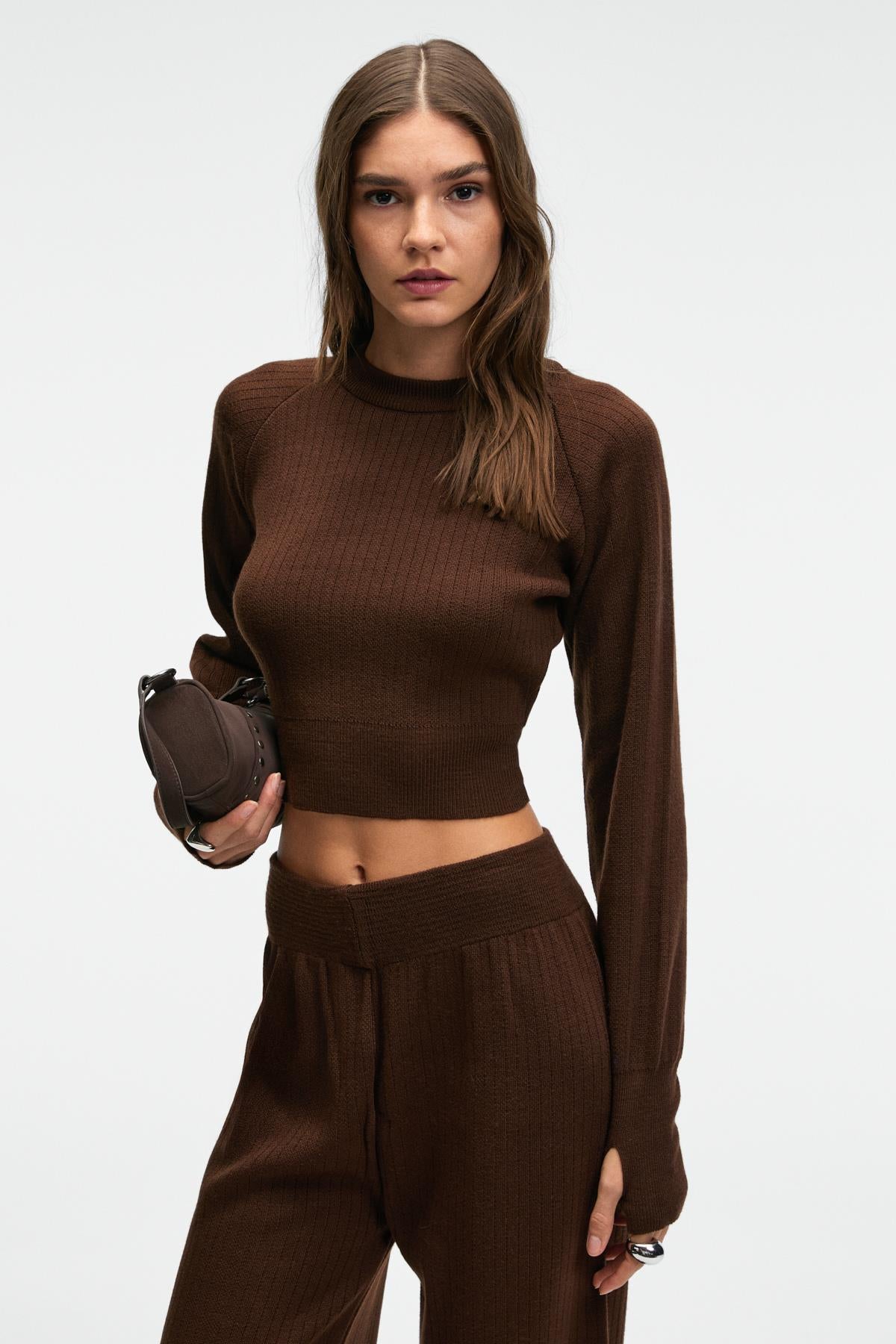 GRIMELANGE MARIPOSA Damen Strick-Crop-Set Braun
