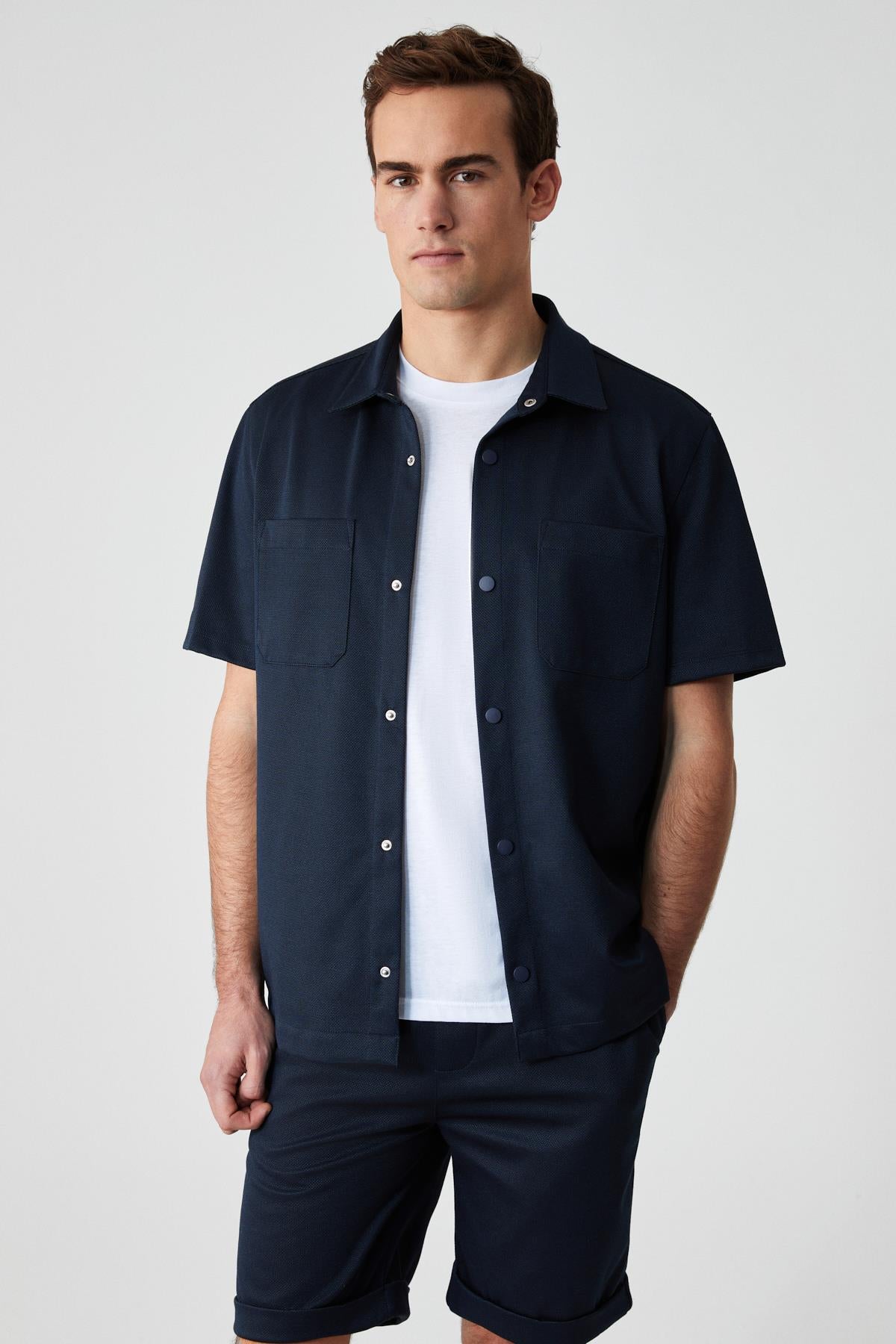 GRIMELANGE MELOS Herren Relaxed Kurzarmhemd Marineblau