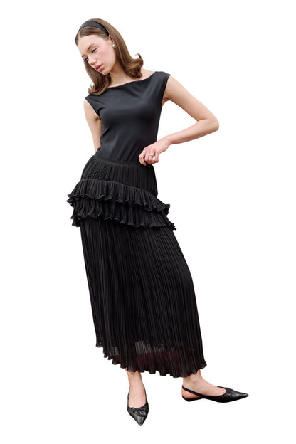 MILA Plissierter Lagenrock, schwarz