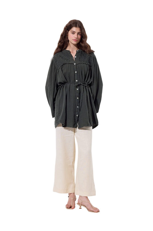 MUSLIN-STICKEREI-HEMD, ECRU
